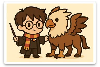 Illustration of Harry Potter and a hippogriff together in a cute, cartoon, simplified style. Harry Potter is full body with round glasses, scar on forehead, striped scarf, dark brown hair, wand, and Hogwarts robe. Next to him is a hippogriff with horse body and eagle head and wings. Use bold black lines and soft colors, matching the style of the provided reference example. sticker
