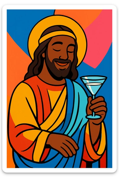 Black Jesus holding a vodka glass, gentle smile, contemporary art style, vibrant colors sticker