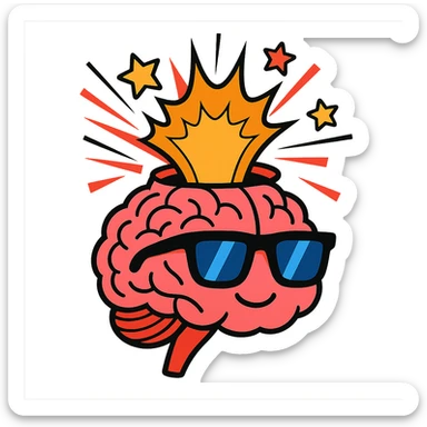brain with cool sunglasses, top bursting open with comic-style explosion lines and stars sticker