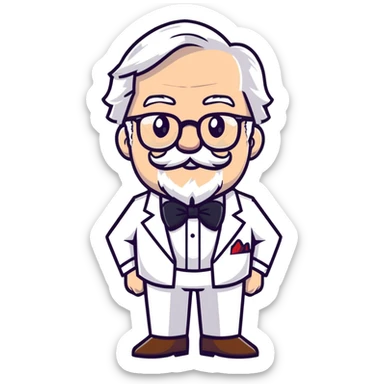 Colonel Sanders KFC, old man with white hair, white goatee, black bow tie, white suit, glasses sticker