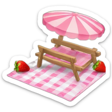 Beach with pink clouds and picnic mat with strawberries  sticker