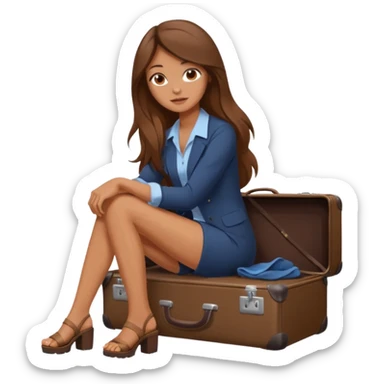 The sticker is a realistic beautiful woman with long brown hair, sitting on a suitcase, a cartoon-style vector illustration created using Procreate --chaos 25 sticker