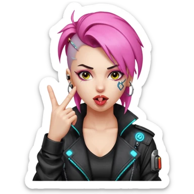 Woman with her tongue out in cyberpunk clothing and giving the middle finger. Looking naughty. sticker