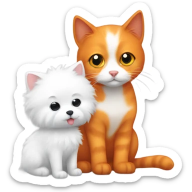 Orange cat and small white fluffy dog cuddling sticker