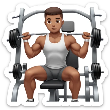 A focused athlete working out on a strength training machine in a modern gym. Muscles engaged, expression determined, demonstrating power and endurance. The gym is filled with equipment like dumbbells, barbells, and mirrors reflecting effort, creating a high-energy atmosphere. sticker