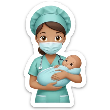 neonatal nurse with tan skin, holding a swaddled baby, hospital background sticker