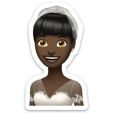bride with very pale skin dark brown straight very short hair black lace dress and bangs laughing with veil sticker