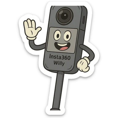 smiling Insta360 camera on a stick named Willy, simple and bold cartoon style sticker