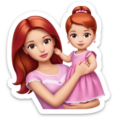 Barbie girl with makeup with brown hair with baby daughter girl with red hair by the hand sticker