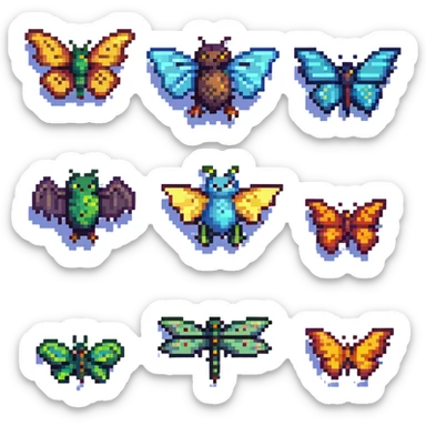 a lineup of winged animals including a bird, bat, butterfly, and dragonfly in pixel art style sticker