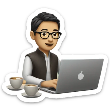 a asian human wear glasses is working on a laptop with a cup of coffee sticker
