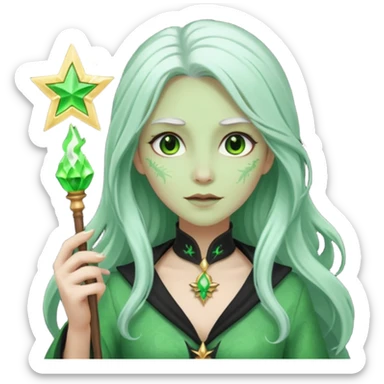 Woman with green skin color with white color long hair and carrying a magic wand sticker