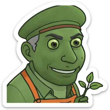 A gardener in protective suit and mask spraying a tree with a sprayer, performing chemical pest control. Bright green garden with trees, visible spray droplets, atmosphere of professional plant protection and garden care sticker