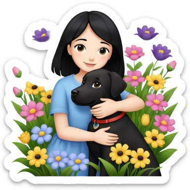 A black-haired girl happily hugs a black Labrador in the flowers sticker