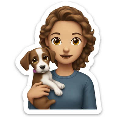 brown haired girl wearing a campbell crewneck holding a puppy sticker