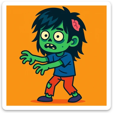 boy zombie with long black wolf cut hair, cartoon style sticker