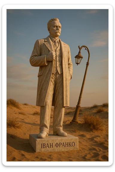 Ultra-realistic full-length marble statue inspired by a reference photo, placed in a desert with a broken lamppost beside it. The pedestal reads 'Іван Франко'. Sunset lighting, low-angle perspective. sticker