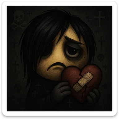 emo emoji, bandaged heart, dark colors, subtle skull or cross motif, emotional expression sticker