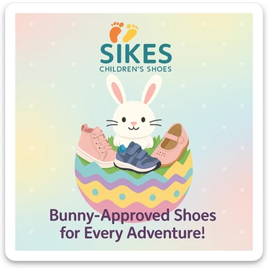 Easter-themed Instagram post for Sikes Children's Shoes with pastel background, logo at top, bunny peeking out of an Easter egg filled with shoes, headline: 'Bunny-Approved Shoes for Every Adventure!'. Include uploaded logo. sticker