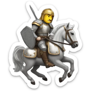 white hero on a horse in the hands of a Bulova on his head a helmet in chain mail behind war sticker
