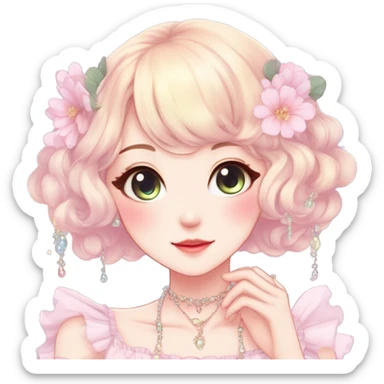Gorgeous pastel anime style lady with blushing face and fairy dress necklace cottagecore fairycore pastelcore colorful pearly romantic simplistic aesthetic trending style sticker