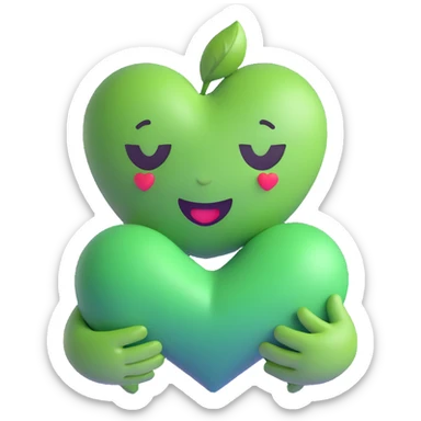 green face emoticon with closed eyes hugging a green heart, expressing care and support sticker