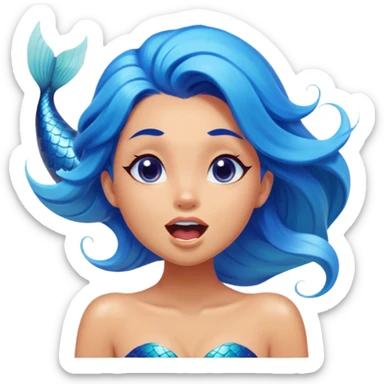 Cinematic Realistic Blue Hair Mermaid Portrait, head tilted slightly with a dramatic, wide-open yawn, revealing a tender, relaxed visage with intricately detailed, tanned skin and vibrant, cascading blue hair softly billowing around her. Her dreamy eyes exude a serene, aquatic charm, rendered with gentle underwater lighting and a soft, high-shine finish that captures the essence of a drowsy yet captivating mermaid drifting into tropical slumber. sticker