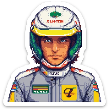 Ayrton Senna, Formula One driver, pixel art, close-up face, racing suit, 8-bit style, vibrant colors sticker