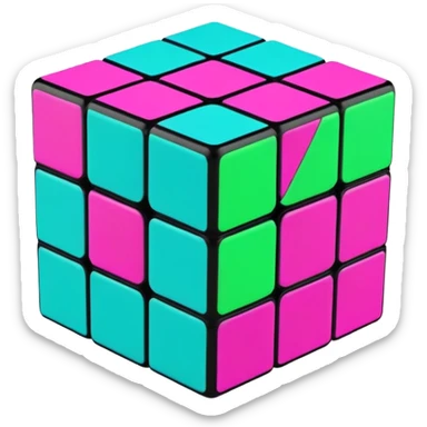 A 3x3 Rubik's Cube in mid-turn, showing movement, with vibrant 90s American colors like neon green, purple, turquoise and hot pink sticker
