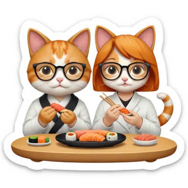 cute girl cat wearing glasses and a cute boy cat eating sushi together sticker