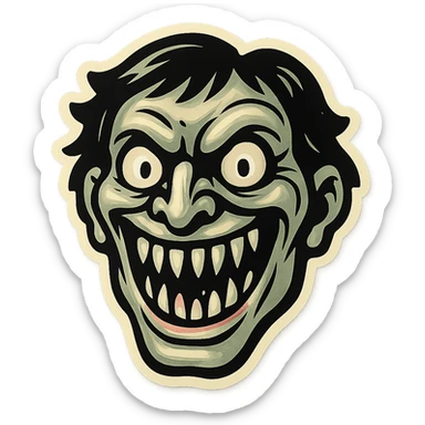 creepy face with sharp teeth and wide smile, retro stickers style, sharp black outlines, simple but detailed drawing, clear shadows and highlights, no gradients sticker