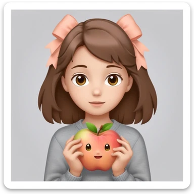 kind girl 12 yrs, brown hair and eyes,headshot, EEAB75 skin tone, comfy everyday clothes, Apple genmojji style, peach bow on grey sweater, and with a playful expression, and hair to shoulders, and as a headshot please  sticker