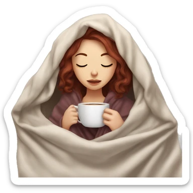 pale burgundy haired girl inside a blanket sipping coffee eyes closed sticker