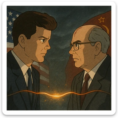 realistic illustration of John F. Kennedy and Mikhail Gorbachev facing each other, a glowing hot wire connecting them, US and Russian flags, tense Cold War atmosphere sticker