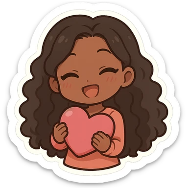 chibi anime black girl with long curly hair, smiling, holding a pink heart, pose 2 sticker