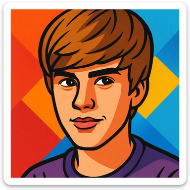 Justin Bieber illustration, close-up, signature hairstyle, confident expression, artistic style sticker