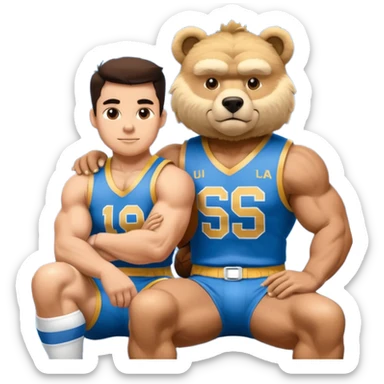 Can you create a emoji of threw Nebraska Cornhusker mascot sitting on top of the UCLA Bruin mascot sticker