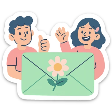 leaf envelope sealed with a flower, pastel greens and pinks, pastel-toon style sticker