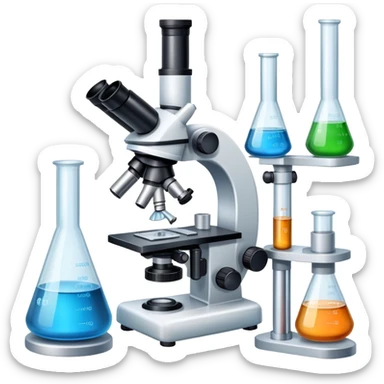 laboratory equipment set with beakers, test tubes, and microscope sticker