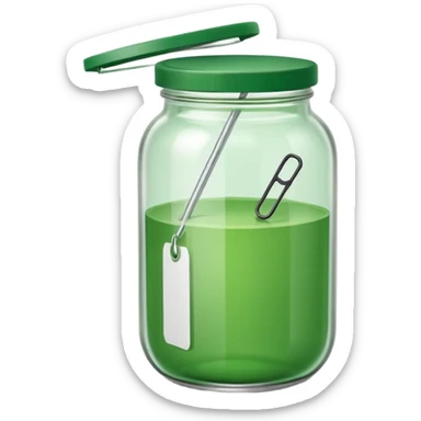 green jar emoji with green lid, containing three minimal monochrome icons inside: bookmark, photo symbol, and paperclip — simple, clean, flat design. sticker