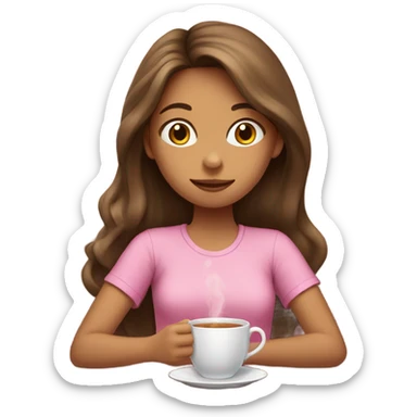 Girl sipping tea with pink shirt and long brown hair sticker