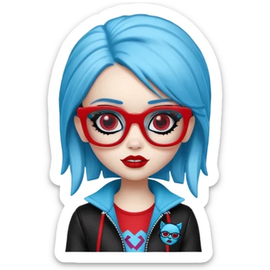 Ghoulia yelps monster high doll in scene/emo style clothes, red rectangle glasses sticker