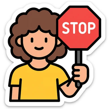 brunette person with curly hair holding a stop sign, color outline icon sticker