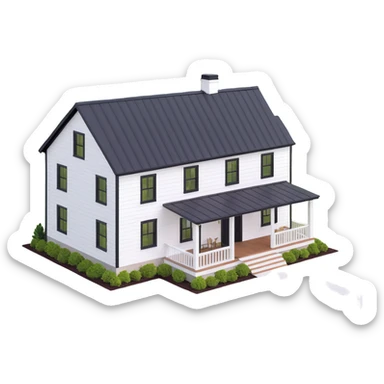 modern farmhouse with white siding, black roof and black trim, isometric exterior view sticker