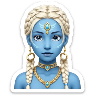 Draw a Na’vi female with glowing blue skin, white forehead markings, braided hair, gold earrings & a calm gaze. sticker