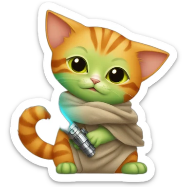Orange cat with lightsaber and baby yoda hugging sticker