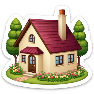 A dacha with a burgundy tiled roof and a garden sticker