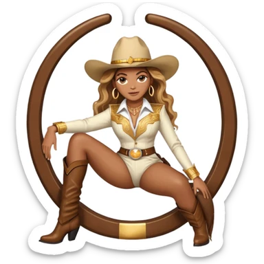 Beyonce swinging with gold and white cowboy suit and hat sitting on giant horseshoe sticker