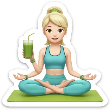 Девушка-мемоджи радостно сидит на коврике для йоги, в спортивной позе, в ярком стильном спортивном комплекте. Лицо сияющее, улыбка очень довольная и счастливая, в руках яркий стакан освежающего матча-лимонада, вокруг атмосфера свежести, отдыха и комфорта. Белый фон. 2 руки и 2 ноги sticker