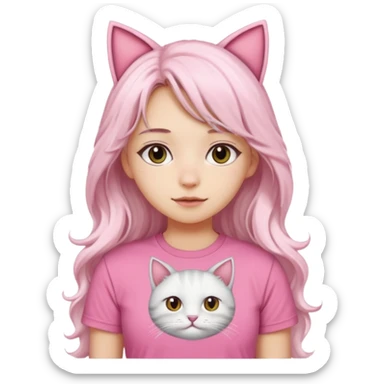 girl with long wavy white hair and cat ears wearing pink tshirt sticker